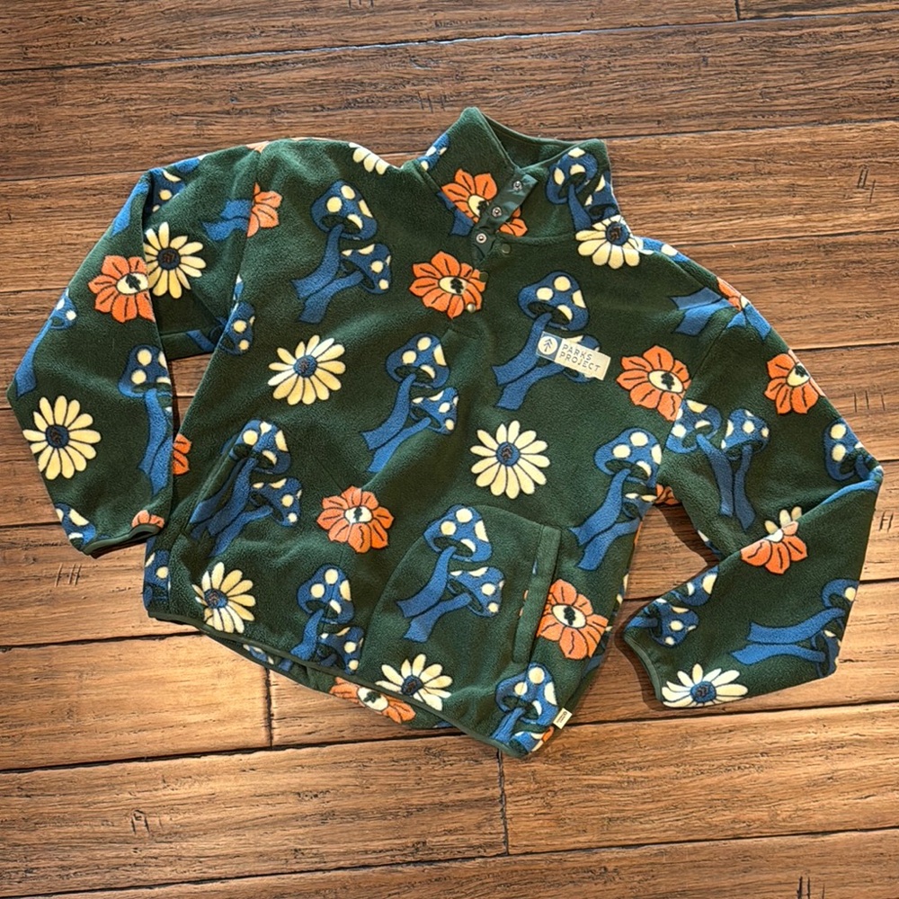 Parks Project Green Fleece with Floral and Mushroom Design